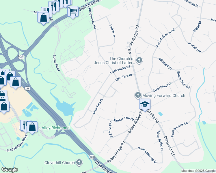 map of restaurants, bars, coffee shops, grocery stores, and more near 4700 Glen Tara Drive in Midlothian