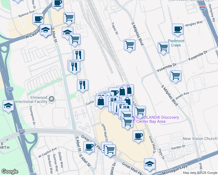 map of restaurants, bars, coffee shops, grocery stores, and more near 183 Parc Place Drive in Milpitas