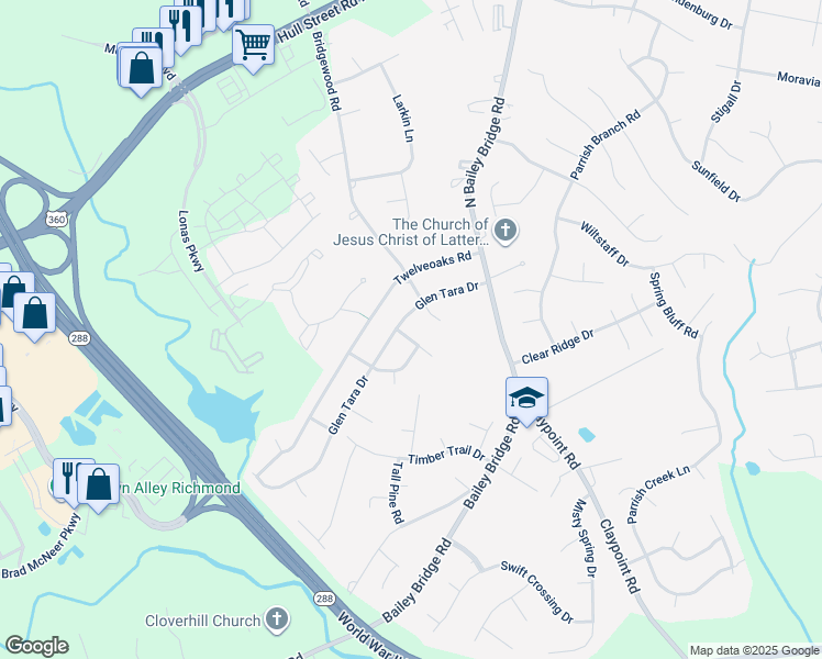 map of restaurants, bars, coffee shops, grocery stores, and more near 12030 Ashley Wilkes Lane in Midlothian
