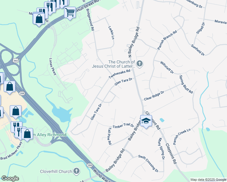 map of restaurants, bars, coffee shops, grocery stores, and more near 12030 Ashley Wilkes Lane in Midlothian