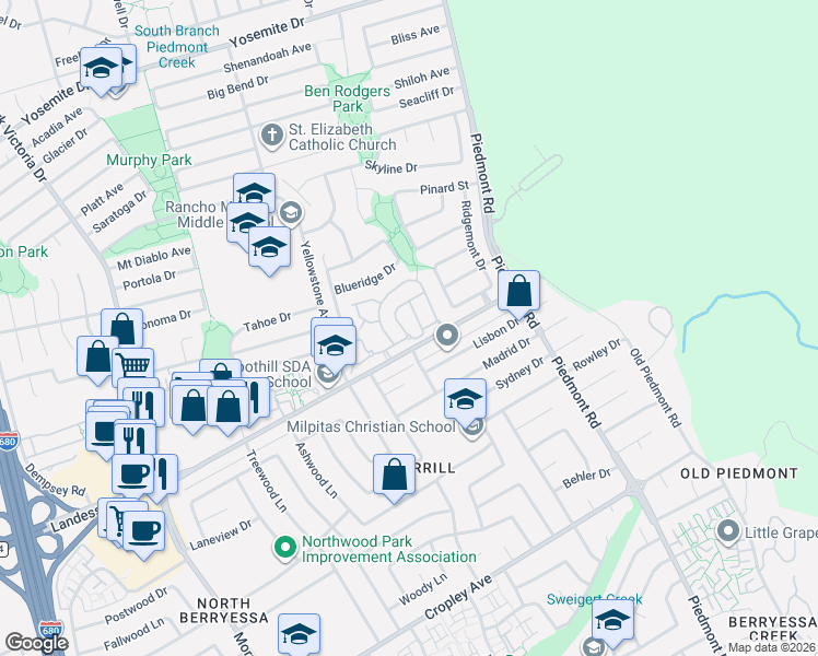 map of restaurants, bars, coffee shops, grocery stores, and more near 2121 Calle Mesa Alta in Milpitas