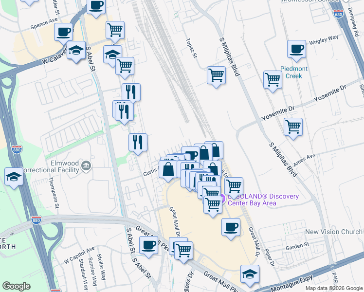 map of restaurants, bars, coffee shops, grocery stores, and more near 183 Parc Place Drive in Milpitas