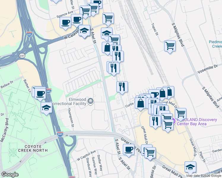 map of restaurants, bars, coffee shops, grocery stores, and more near 637 South Main Street in Milpitas