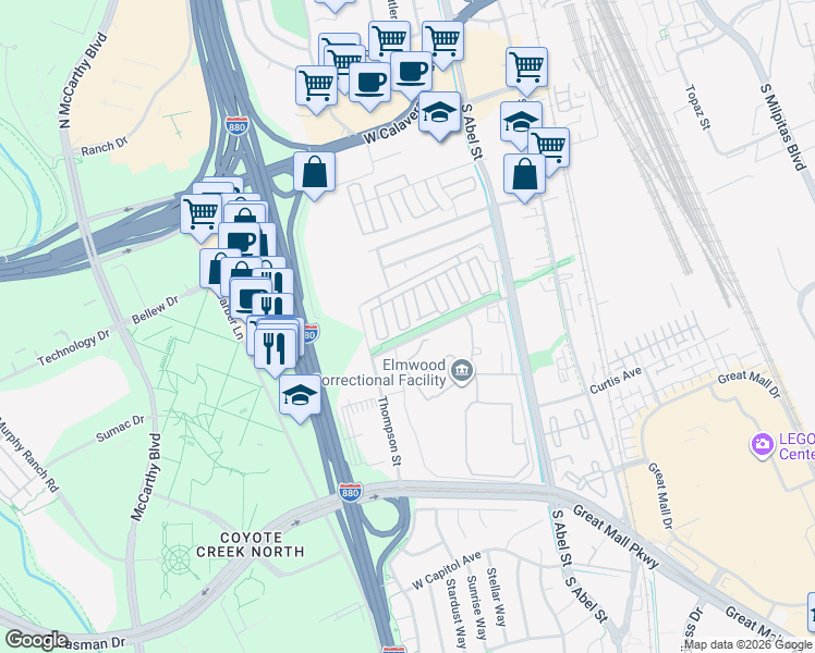 map of restaurants, bars, coffee shops, grocery stores, and more near in Milpitas