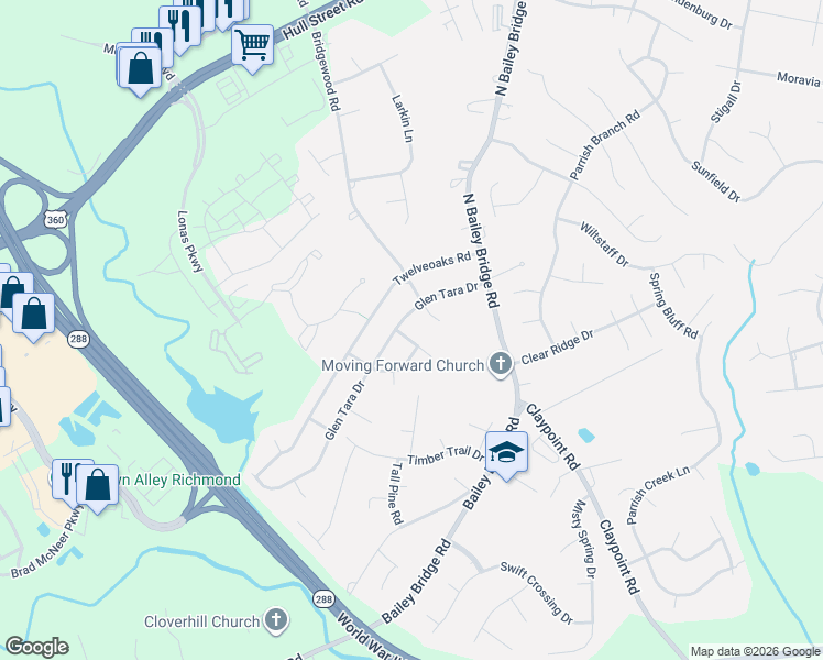 map of restaurants, bars, coffee shops, grocery stores, and more near 12030 Ashley Wilkes Lane in Midlothian