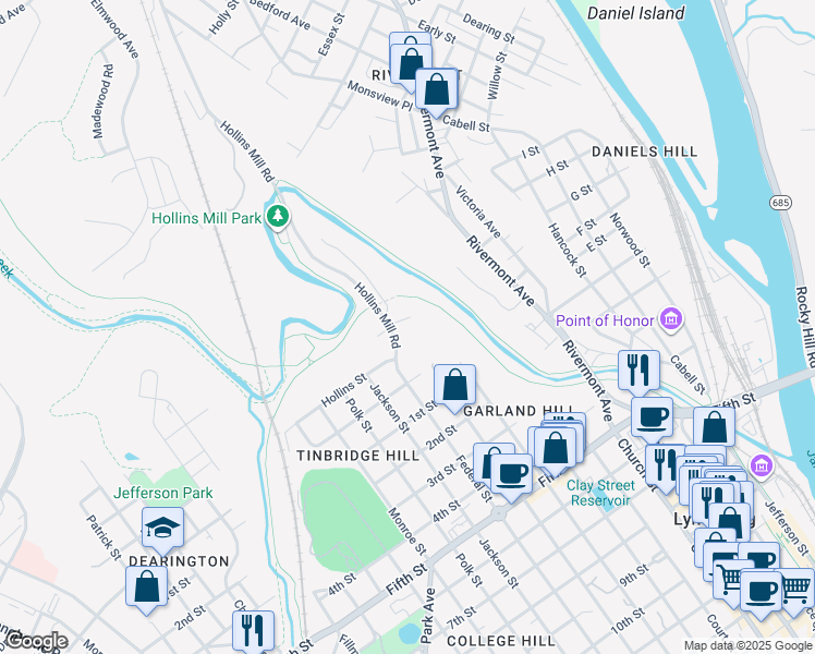 map of restaurants, bars, coffee shops, grocery stores, and more near 39 Hollins Mill Road in Lynchburg