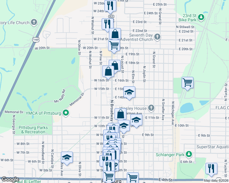 map of restaurants, bars, coffee shops, grocery stores, and more near 101-199 East 14th Street in Pittsburg