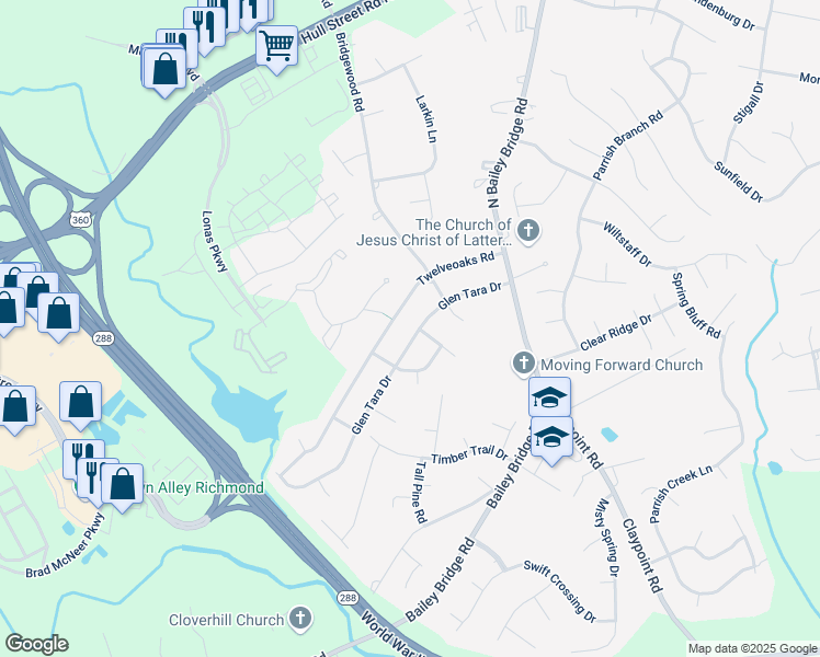 map of restaurants, bars, coffee shops, grocery stores, and more near 4700 Glen Tara Drive in Midlothian