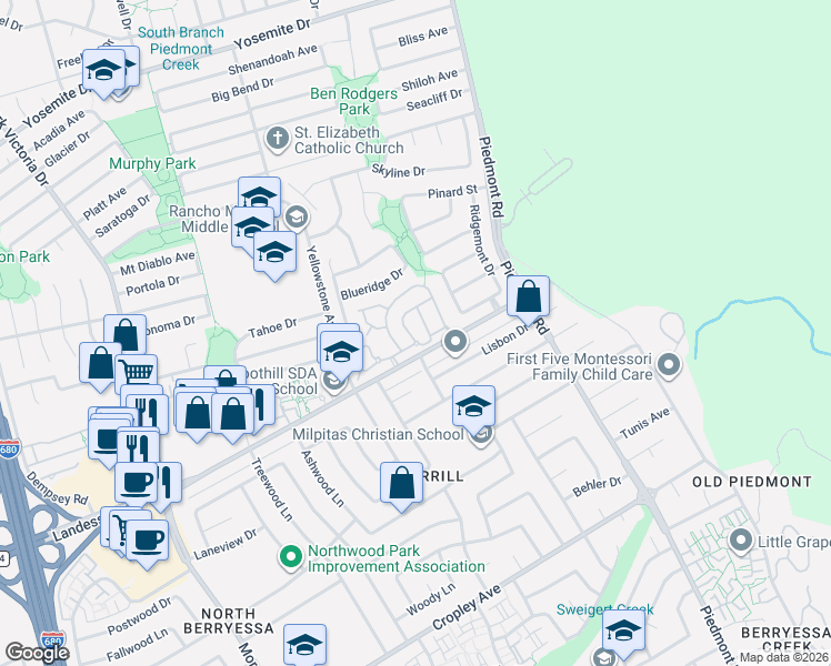 map of restaurants, bars, coffee shops, grocery stores, and more near 2121 Calle Mesa Alta in Milpitas