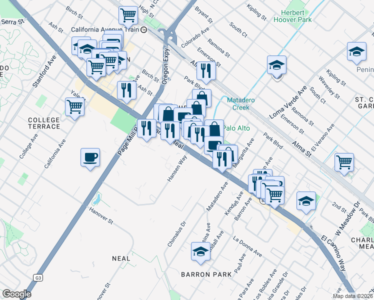 map of restaurants, bars, coffee shops, grocery stores, and more near El Camino Real in Palo Alto