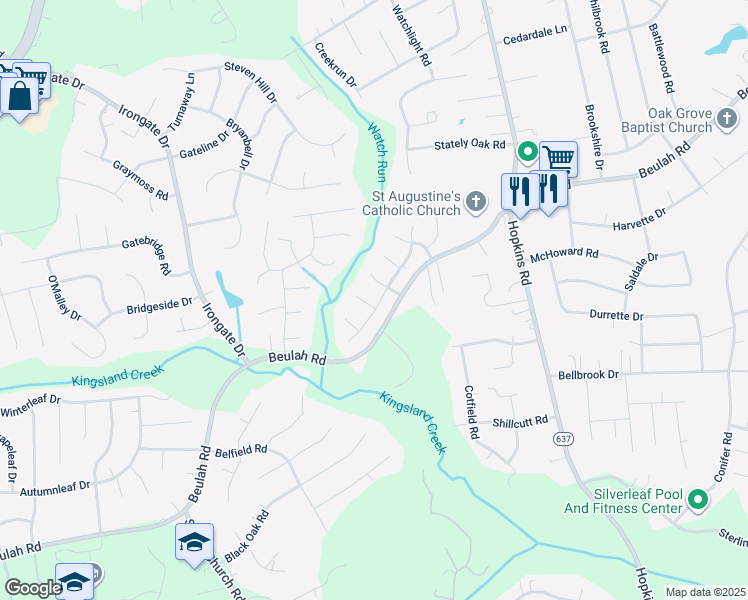 map of restaurants, bars, coffee shops, grocery stores, and more near 4600 Mason Run Court in Richmond