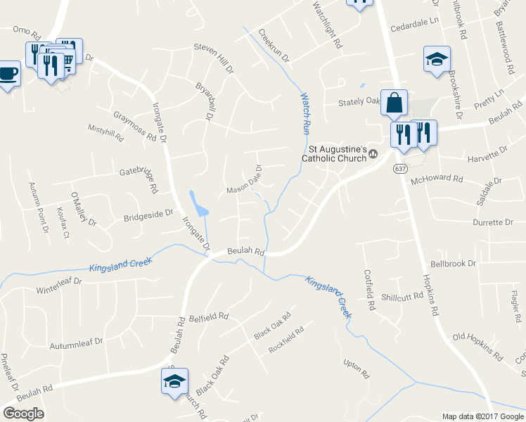 map of restaurants, bars, coffee shops, grocery stores, and more near 4703 Mason Rest Court in Richmond