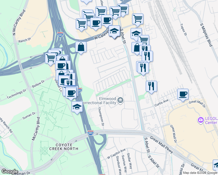 map of restaurants, bars, coffee shops, grocery stores, and more near 468 Brisa Suave Common in Milpitas