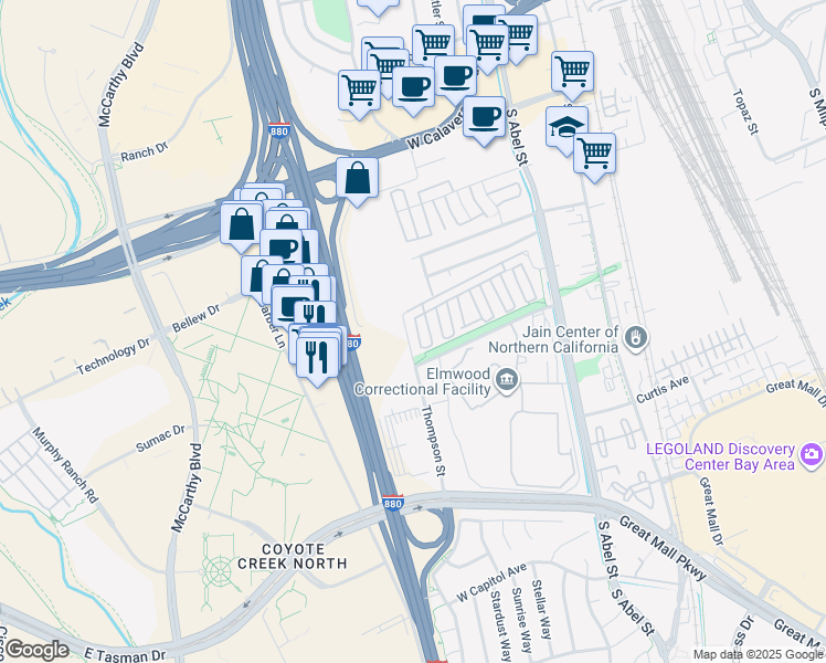 map of restaurants, bars, coffee shops, grocery stores, and more near 1044 Thompson Court in Milpitas