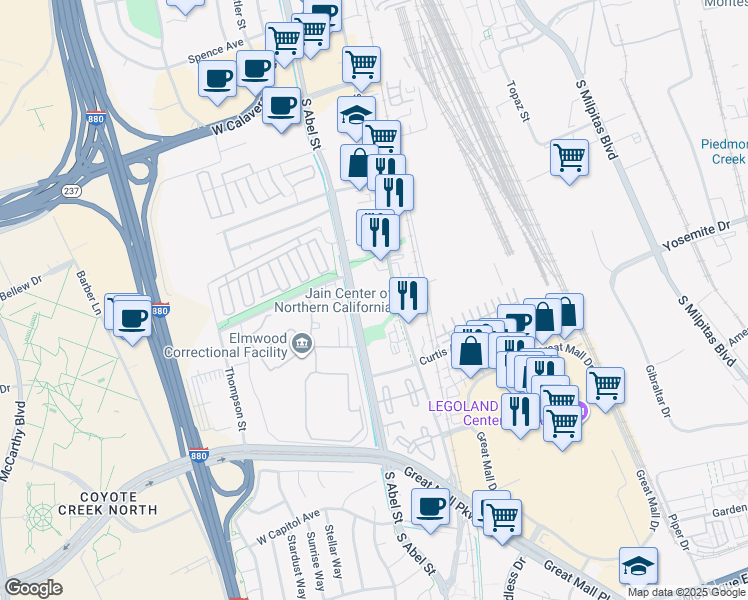 map of restaurants, bars, coffee shops, grocery stores, and more near 700 South Abel Street in Milpitas