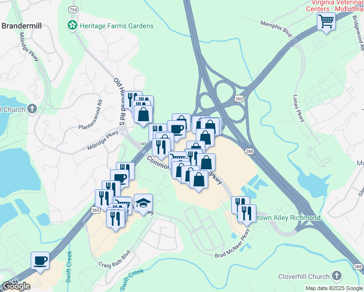 map of restaurants, bars, coffee shops, grocery stores, and more near 4601 Commonwealth Centre Parkway in Midlothian
