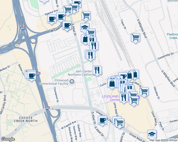 map of restaurants, bars, coffee shops, grocery stores, and more near 700 South Abel Street in Milpitas