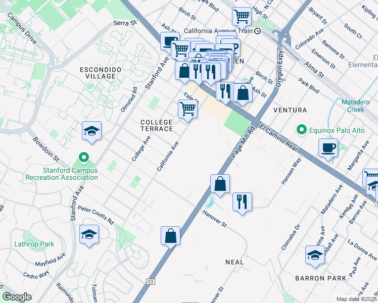 map of restaurants, bars, coffee shops, grocery stores, and more near 975 South California Avenue in Palo Alto