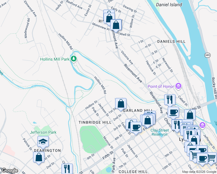 map of restaurants, bars, coffee shops, grocery stores, and more near 39 Hollins Mill Road in Lynchburg