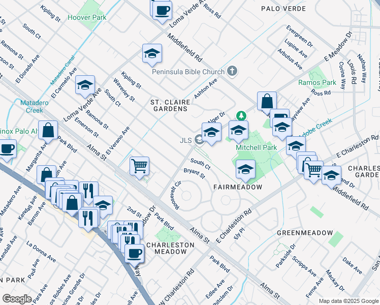 map of restaurants, bars, coffee shops, grocery stores, and more near 352 East Meadow Drive in Palo Alto