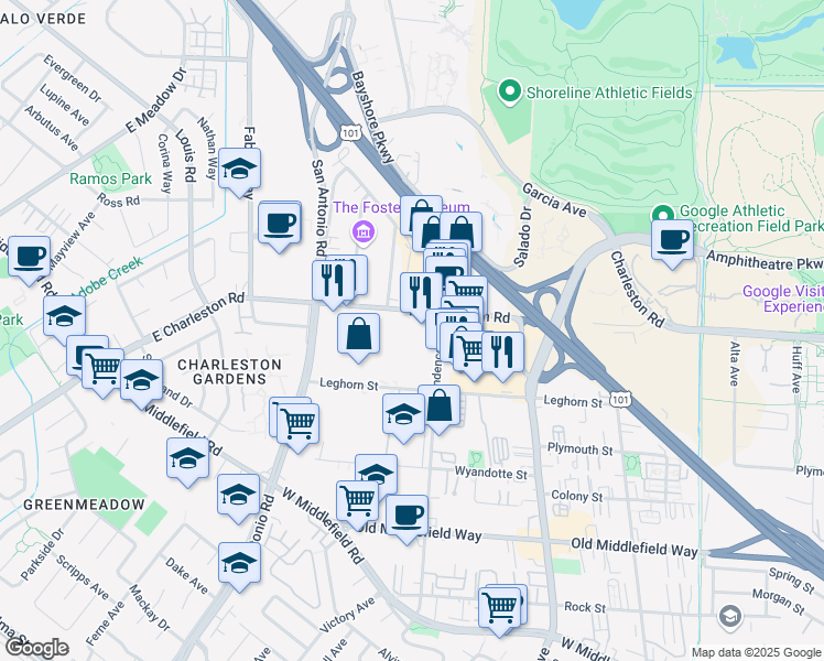 map of restaurants, bars, coffee shops, grocery stores, and more near 2513 Charleston Road in Mountain View