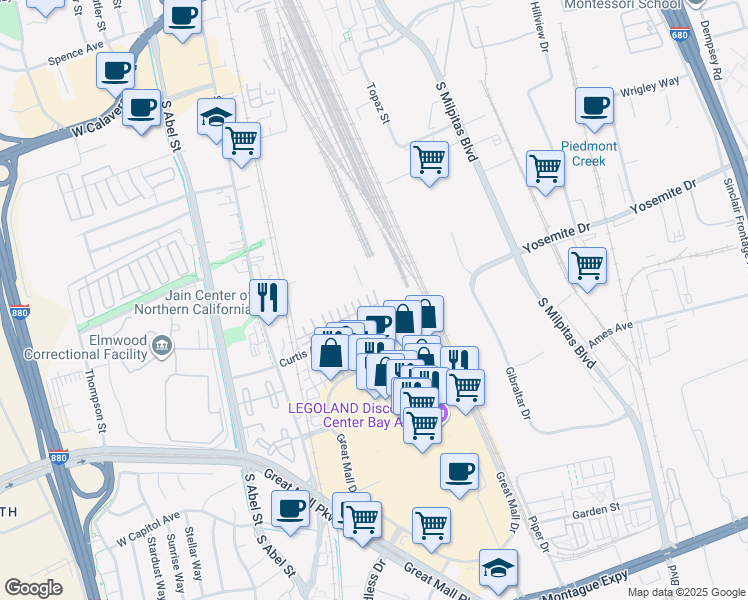 map of restaurants, bars, coffee shops, grocery stores, and more near 267 Parc Place Drive in Milpitas