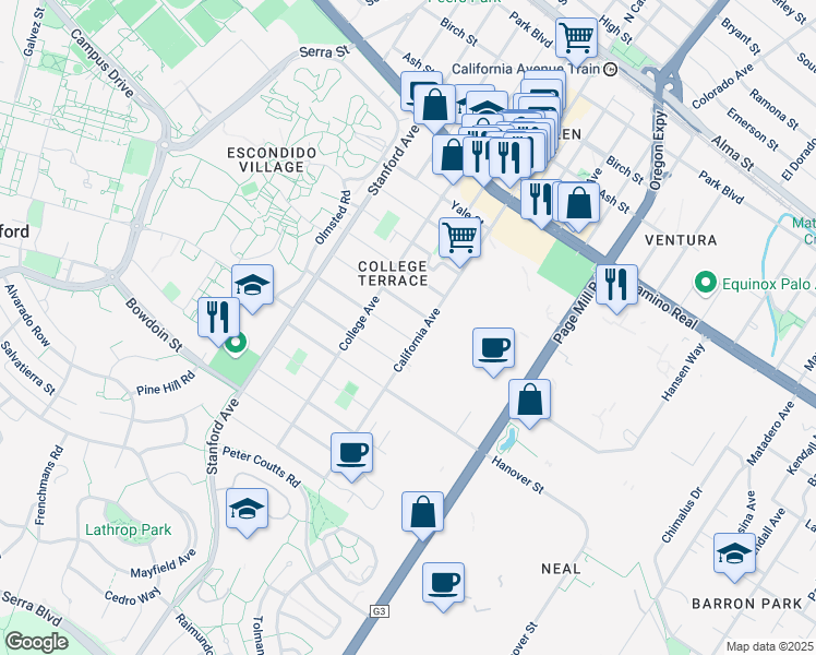 map of restaurants, bars, coffee shops, grocery stores, and more near 2341 Oberlin Street in Palo Alto