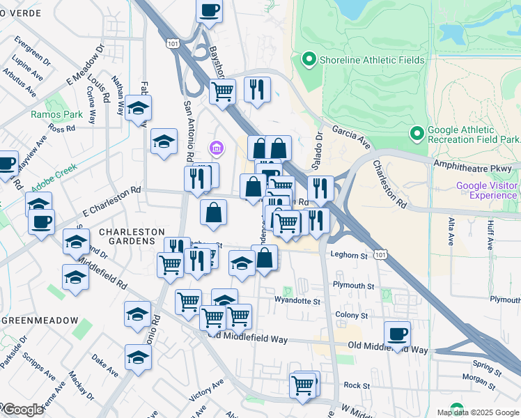 map of restaurants, bars, coffee shops, grocery stores, and more near 1124 Independence Avenue in Mountain View