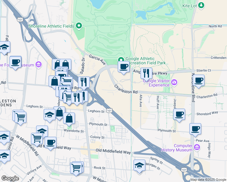 map of restaurants, bars, coffee shops, grocery stores, and more near 2121 Landings Dr in Mountain View