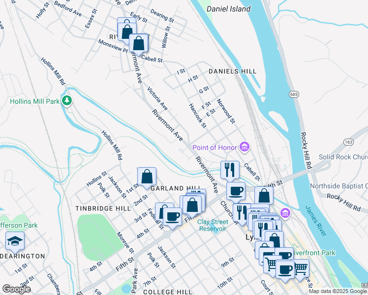 map of restaurants, bars, coffee shops, grocery stores, and more near 305 Blackford Street in Lynchburg