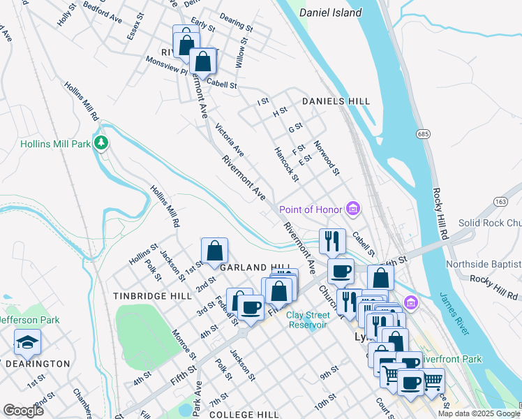 map of restaurants, bars, coffee shops, grocery stores, and more near 305 Blackford Street in Lynchburg