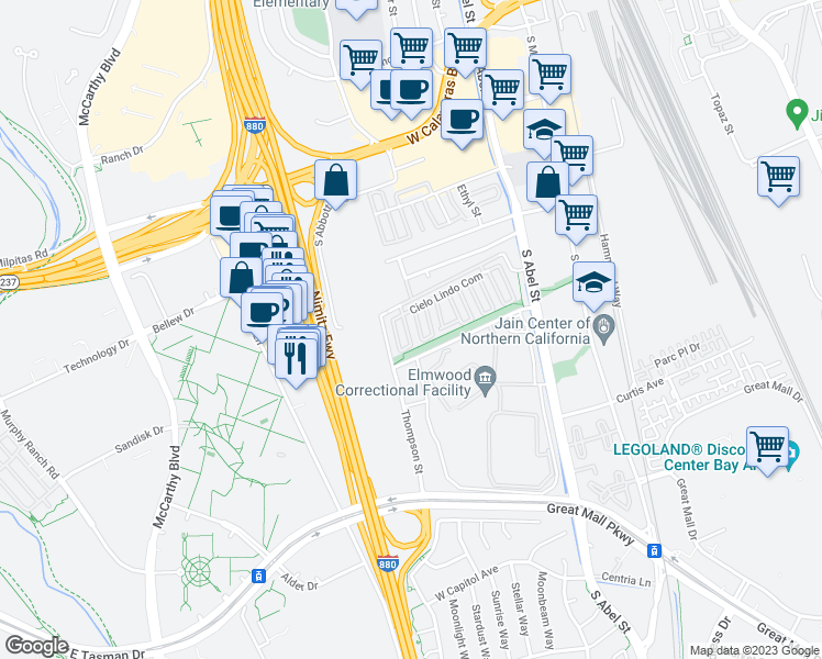 map of restaurants, bars, coffee shops, grocery stores, and more near 770 Luz Del Sol Tr Loop in Milpitas
