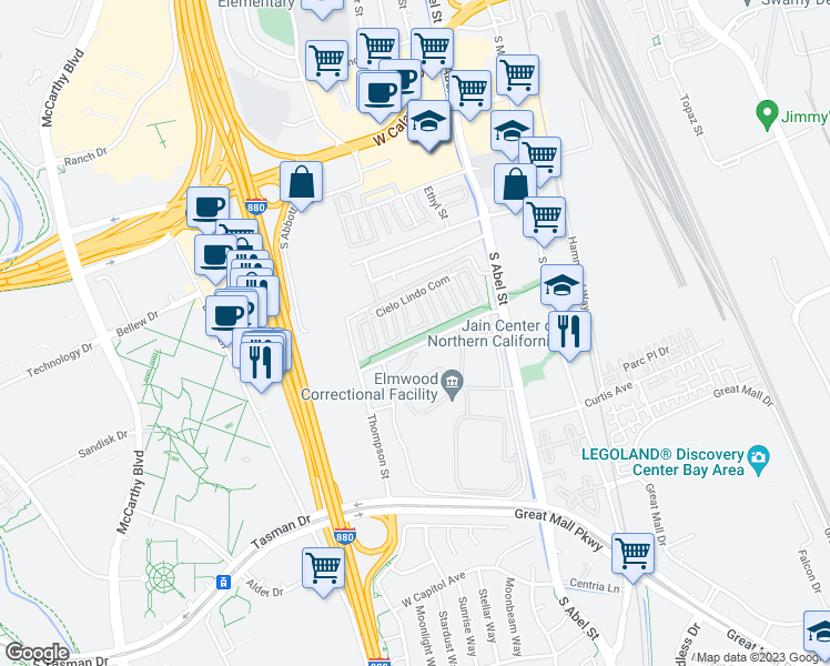 map of restaurants, bars, coffee shops, grocery stores, and more near 468 Brisa Suave Common in Milpitas