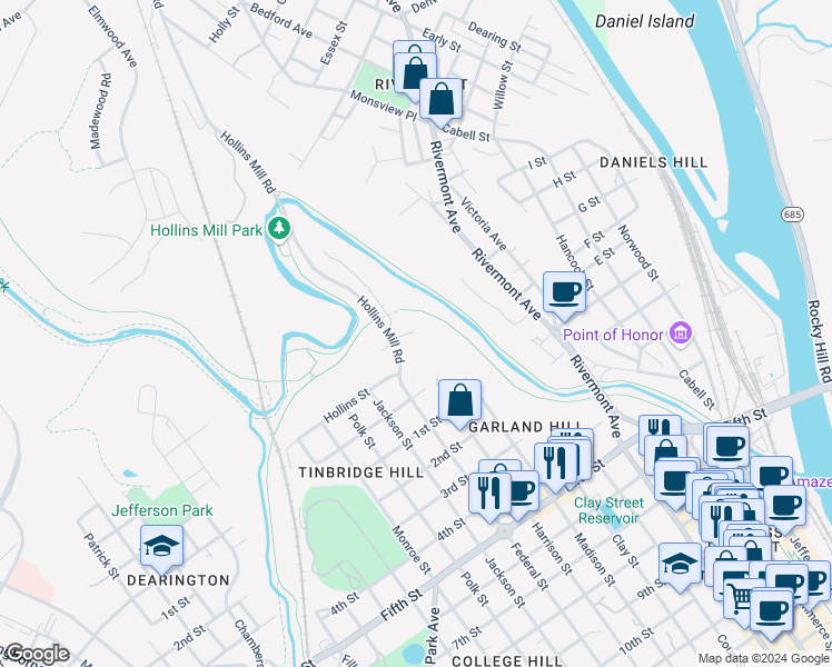 map of restaurants, bars, coffee shops, grocery stores, and more near 15 McKinley Street in Lynchburg