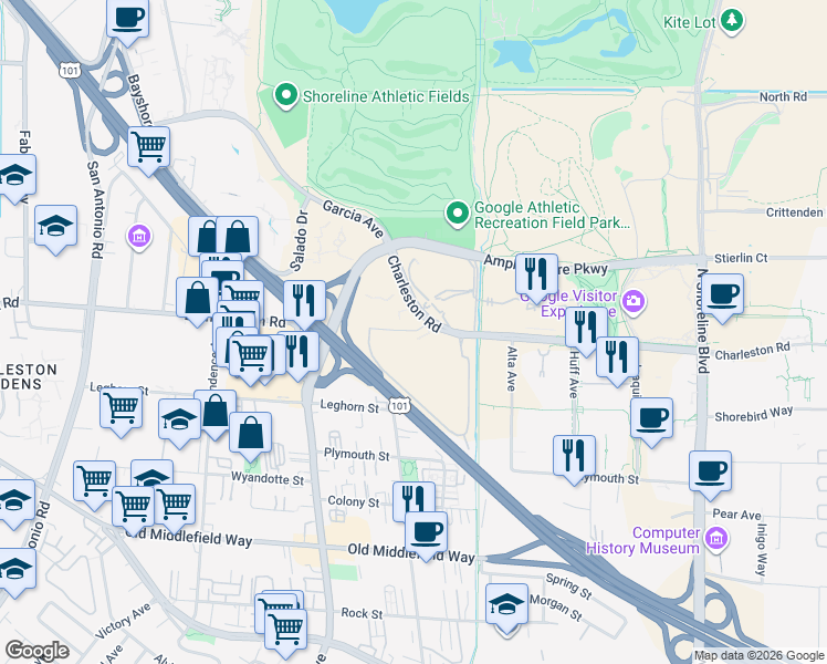 map of restaurants, bars, coffee shops, grocery stores, and more near 2055 Landings Drive in Mountain View