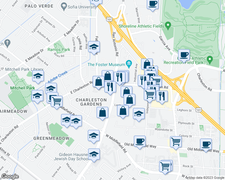 map of restaurants, bars, coffee shops, grocery stores, and more near San Antonio Road in Palo Alto