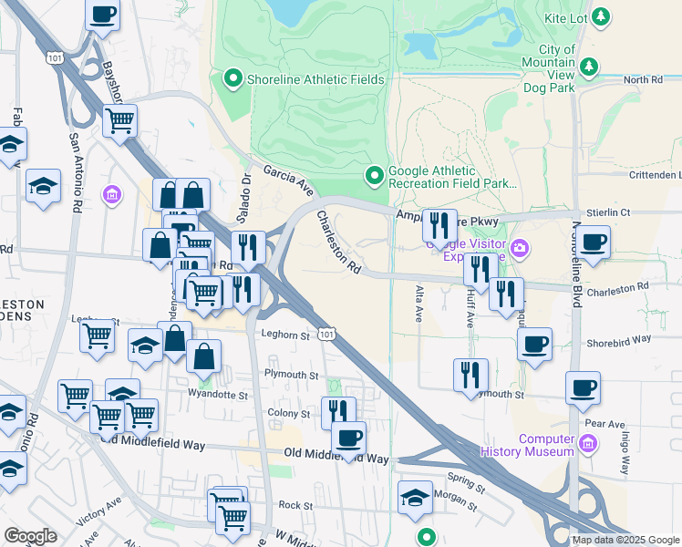 map of restaurants, bars, coffee shops, grocery stores, and more near 2055 Landings Drive in Mountain View