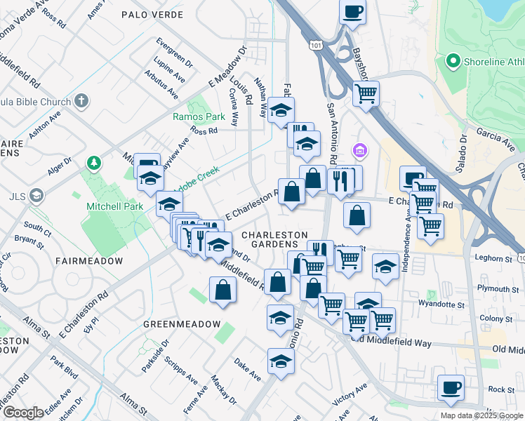 map of restaurants, bars, coffee shops, grocery stores, and more near 775 Seminole Way in Palo Alto