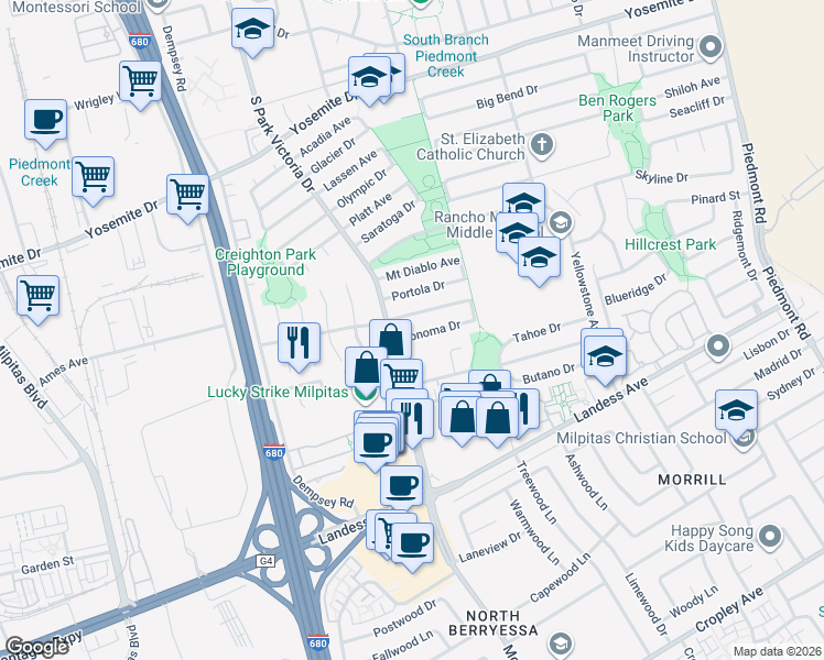 map of restaurants, bars, coffee shops, grocery stores, and more near 1000 South Park Victoria Drive in Milpitas