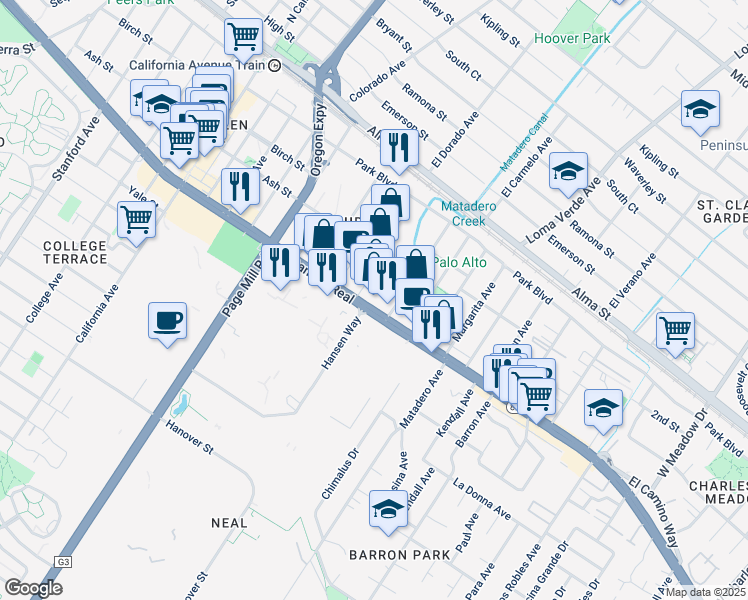 map of restaurants, bars, coffee shops, grocery stores, and more near 3300 El Camino Real in Palo Alto
