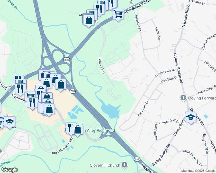map of restaurants, bars, coffee shops, grocery stores, and more near 4050 Lonas Parkway in Midlothian