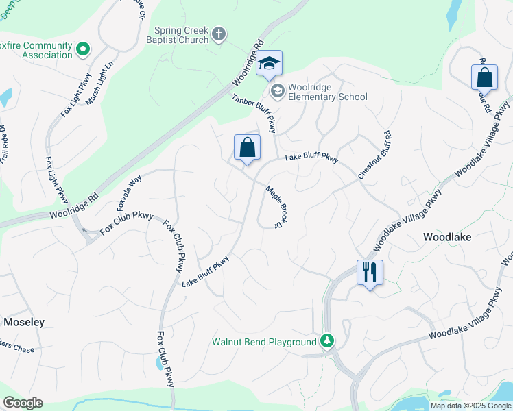 map of restaurants, bars, coffee shops, grocery stores, and more near 5706 Maple Brook Drive in Midlothian
