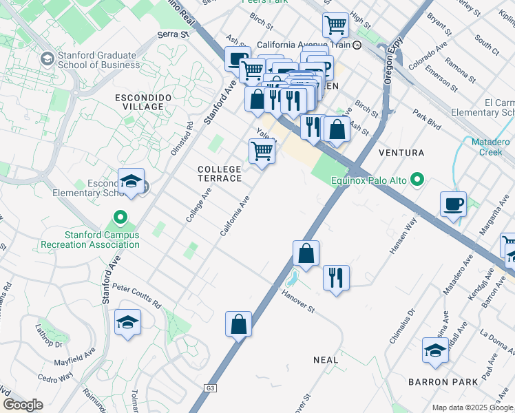 map of restaurants, bars, coffee shops, grocery stores, and more near 975 California Avenue in Palo Alto