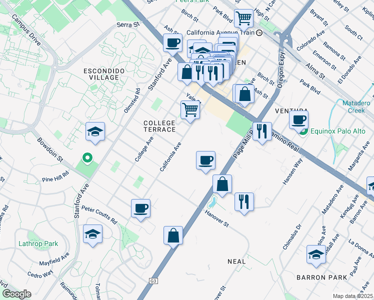map of restaurants, bars, coffee shops, grocery stores, and more near 975 California Avenue in Palo Alto