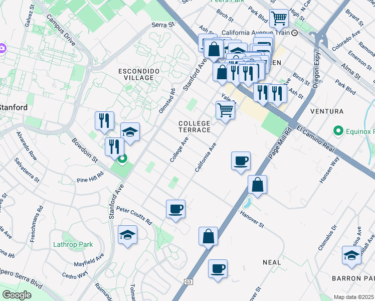 map of restaurants, bars, coffee shops, grocery stores, and more near 2254 Oberlin Street in Palo Alto