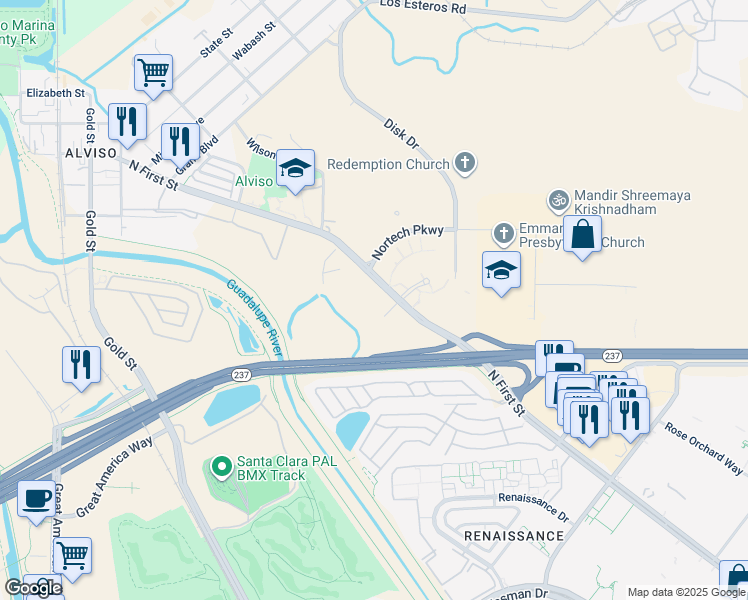map of restaurants, bars, coffee shops, grocery stores, and more near 4453 North 1st Street in San Jose