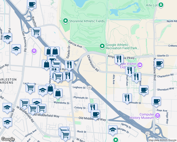 map of restaurants, bars, coffee shops, grocery stores, and more near 2121 Landings Drive in Mountain View