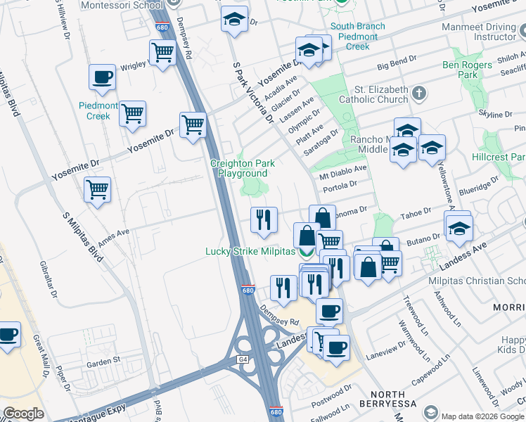 map of restaurants, bars, coffee shops, grocery stores, and more near 1028 Matterhorn Court in Milpitas