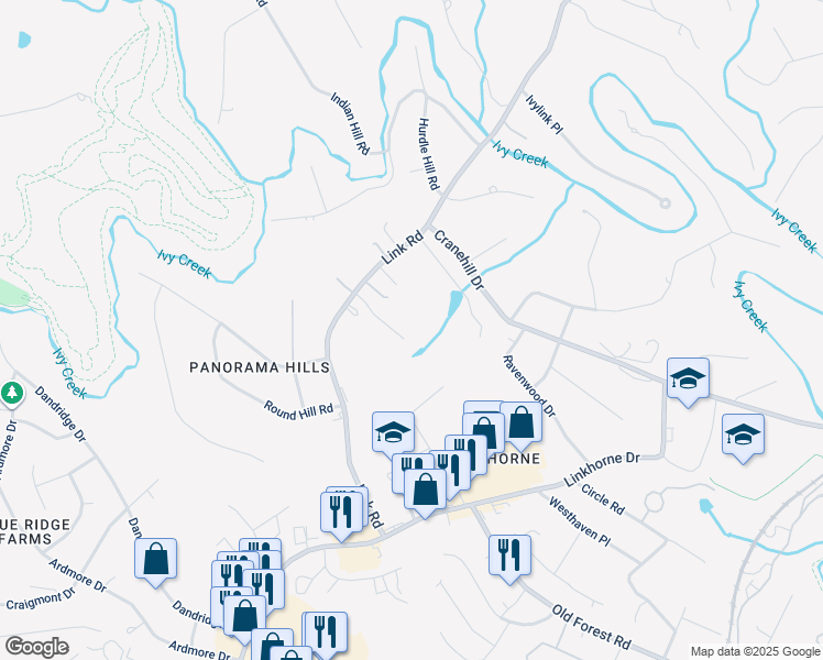 map of restaurants, bars, coffee shops, grocery stores, and more near 110 Wheatland Court in Lynchburg