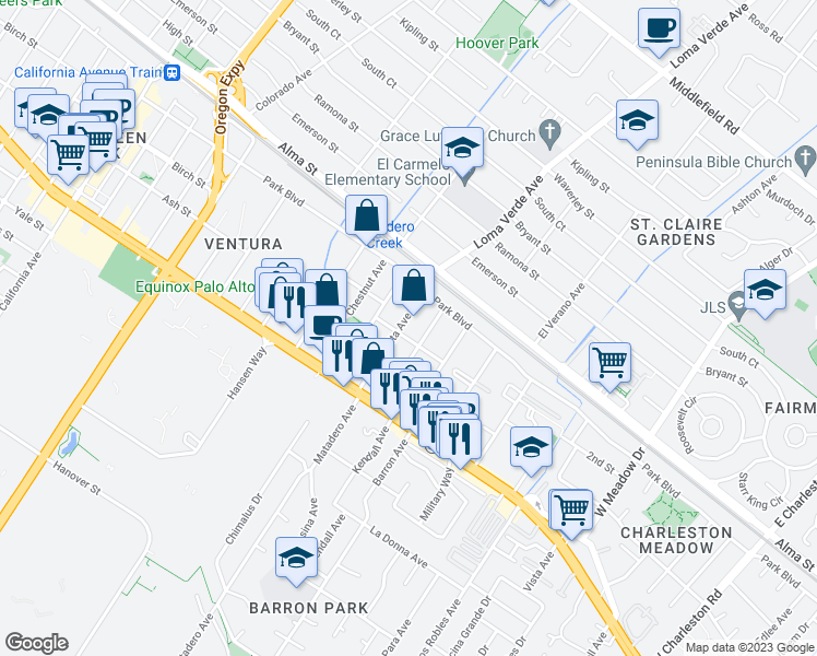 map of restaurants, bars, coffee shops, grocery stores, and more near 283 Margarita Avenue in Palo Alto